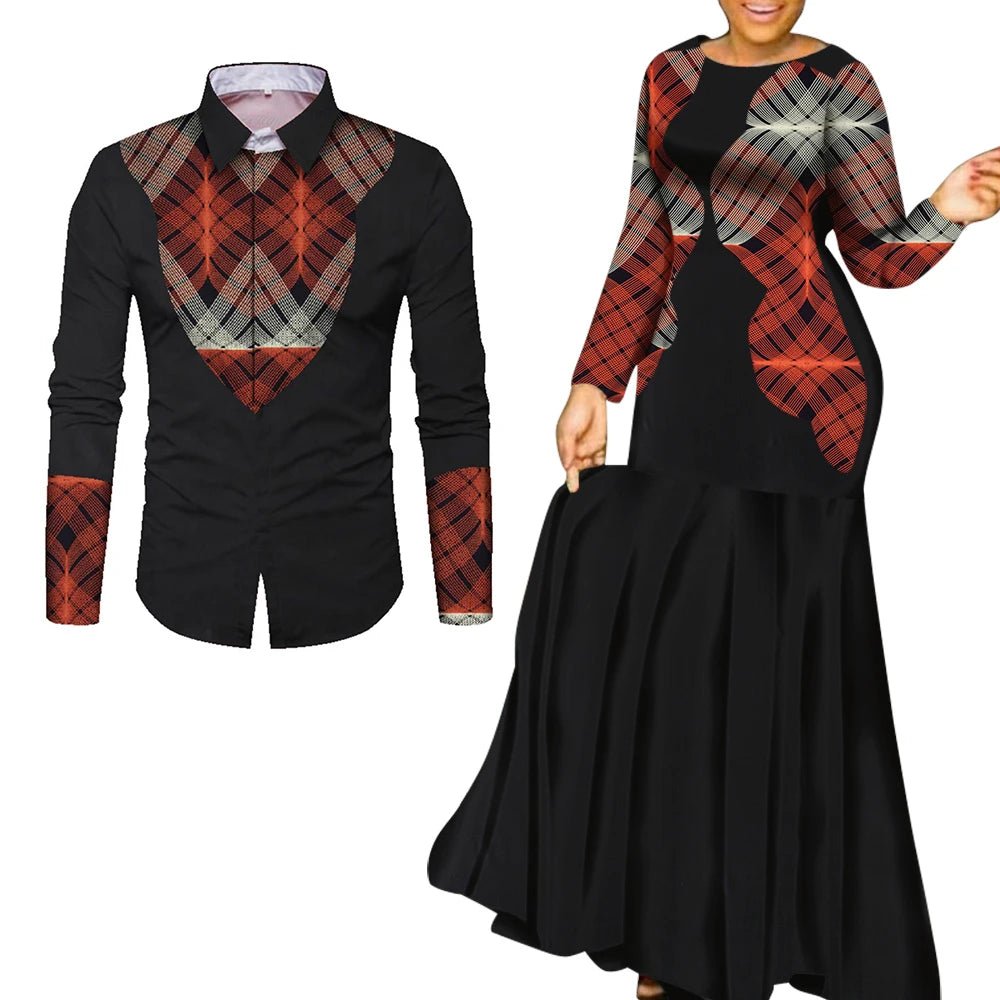 African Couple Matching Outfits – Elegant Lovers’ Traditional Clothing Set, Men’s Shirt & Women’s Long Maxi Dress - Free Delivery Worldwide only at Flexi Africa