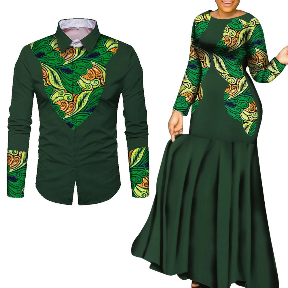 African Couple Matching Outfits – Elegant Lovers’ Traditional Clothing Set, Men’s Shirt & Women’s Long Maxi Dress - Free Delivery Worldwide only at Flexi Africa
