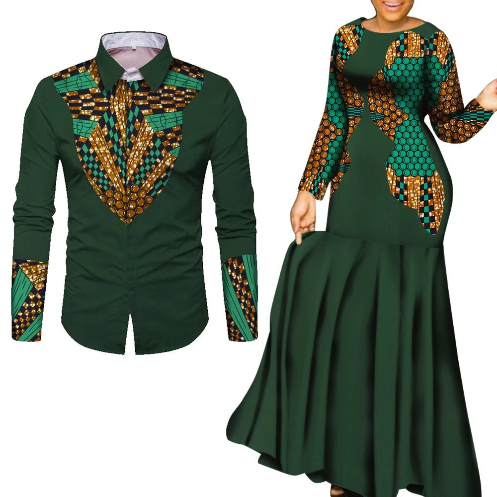 African Couple Matching Outfits – Elegant Lovers’ Traditional Clothing Set, Men’s Shirt & Women’s Long Maxi Dress - Free Delivery Worldwide only at Flexi Africa