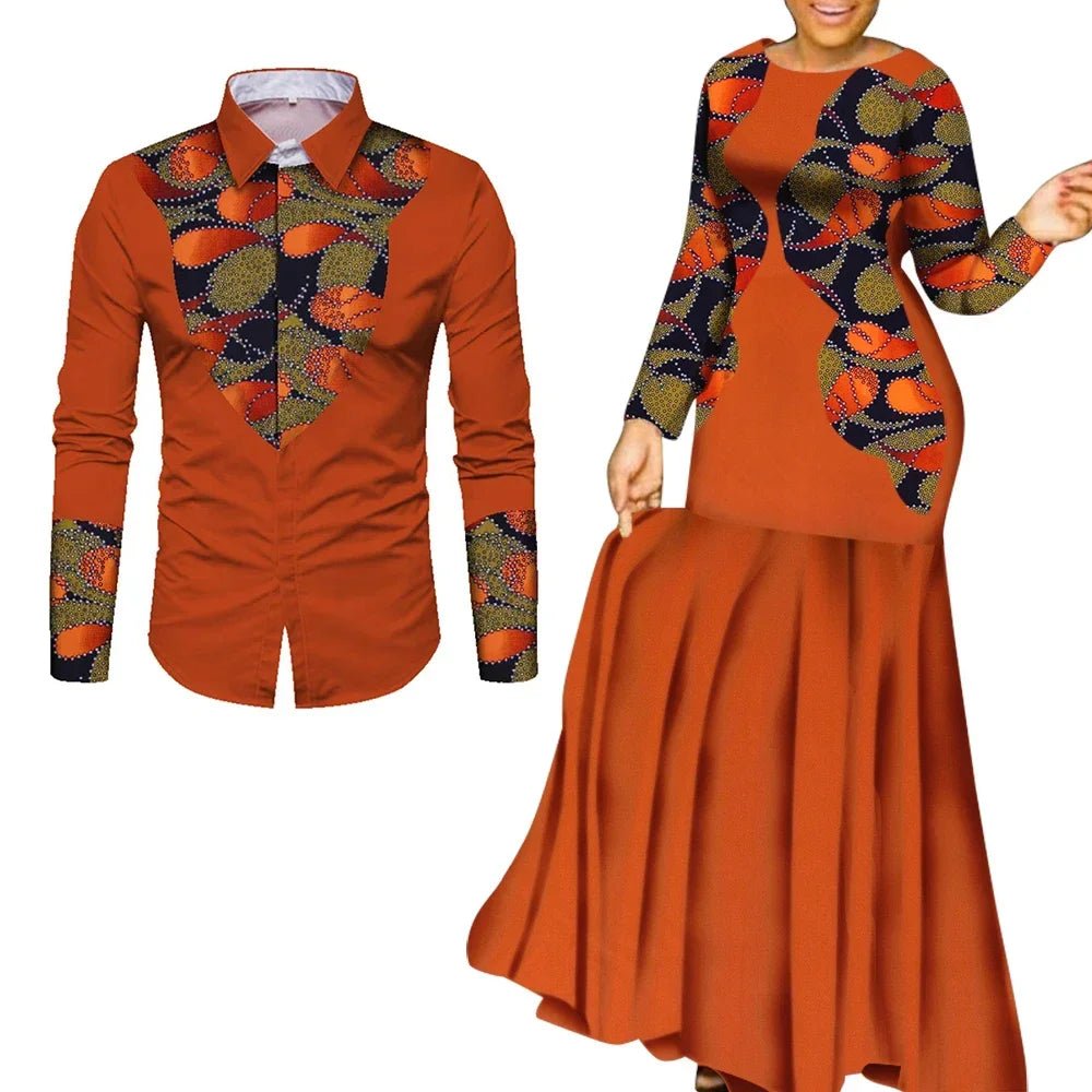 African Couple Matching Outfits – Elegant Lovers’ Traditional Clothing Set, Men’s Shirt & Women’s Long Maxi Dress - Free Delivery Worldwide only at Flexi Africa