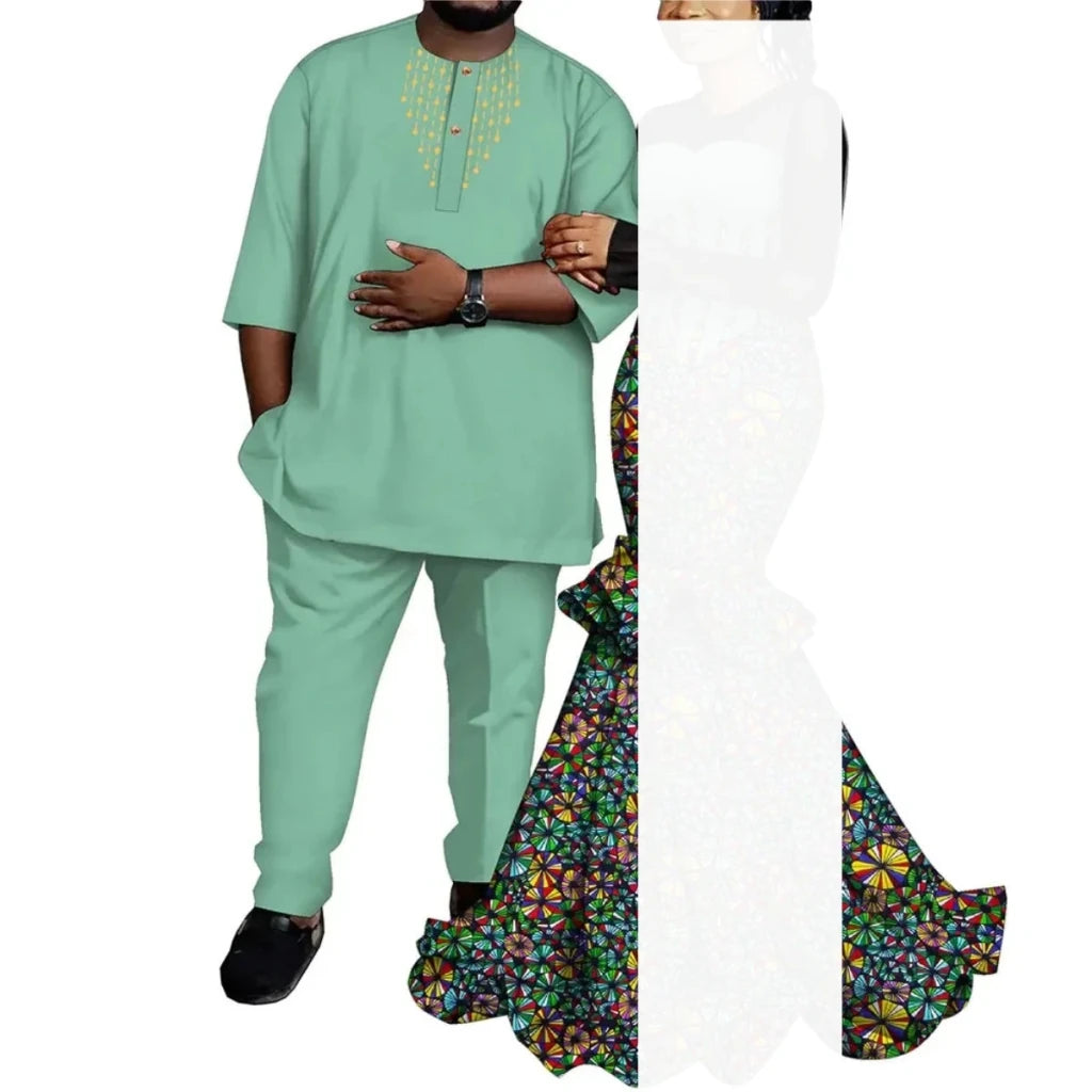African Couple Outfits – Matching Ankara Dress for Women & Dashiki Shirt and Pants Set for Men - Free Delivery Worldwide only at Flexi Africa