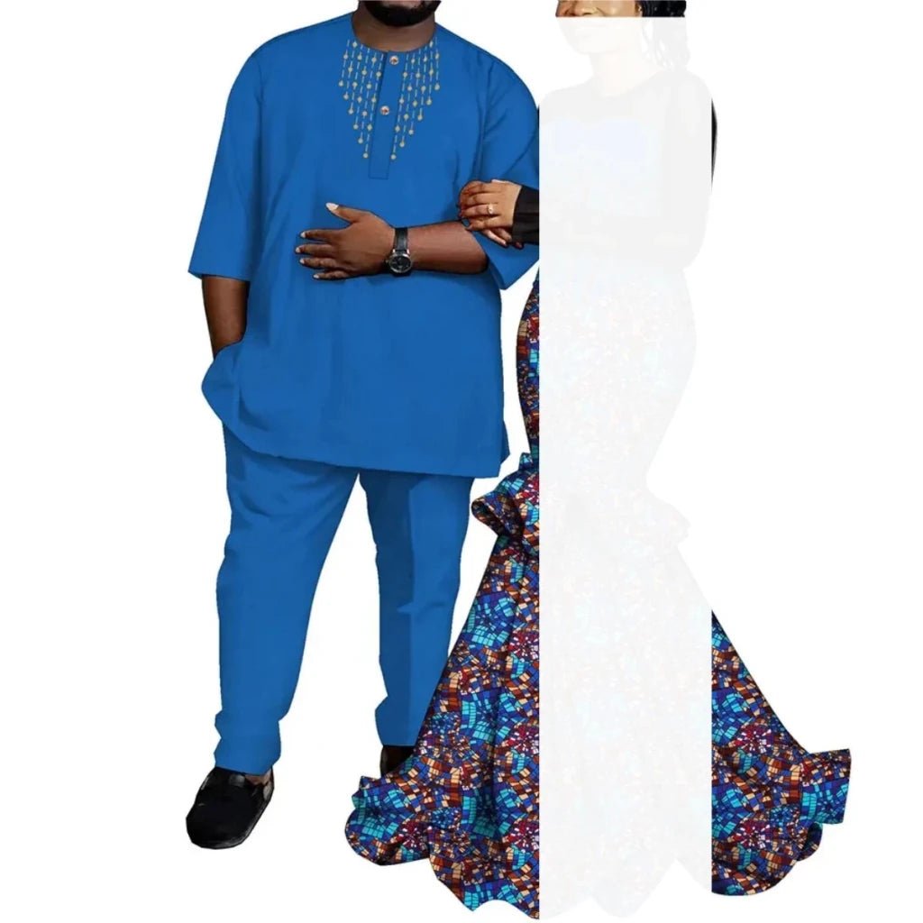 African Couple Outfits – Matching Ankara Dress for Women & Dashiki Shirt and Pants Set for Men - Free Delivery Worldwide only at Flexi Africa