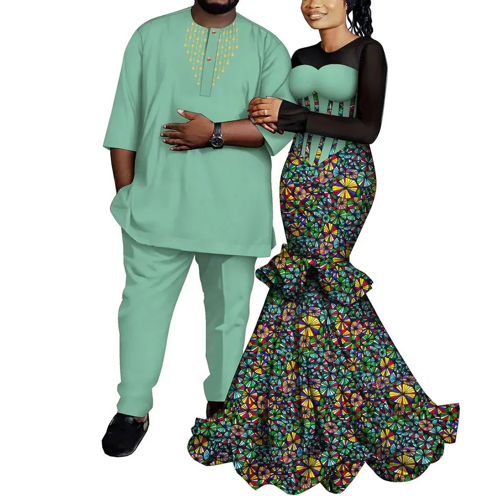 African Couple Outfits – Matching Ankara Dress for Women & Dashiki Shirt and Pants Set for Men - Free Delivery Worldwide only at Flexi Africa