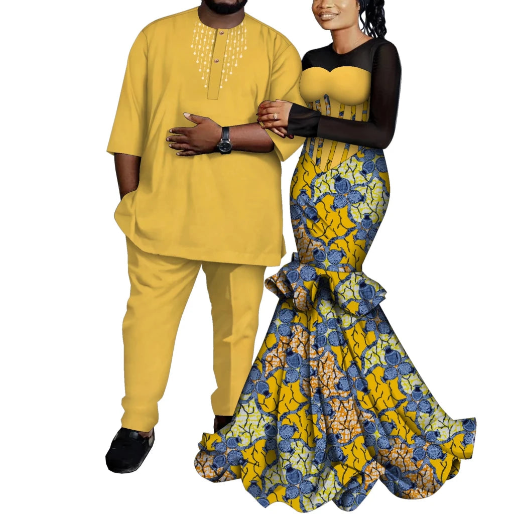 African Couple Outfits – Matching Ankara Dress for Women & Dashiki Shirt and Pants Set for Men - Free Delivery Worldwide only at Flexi Africa