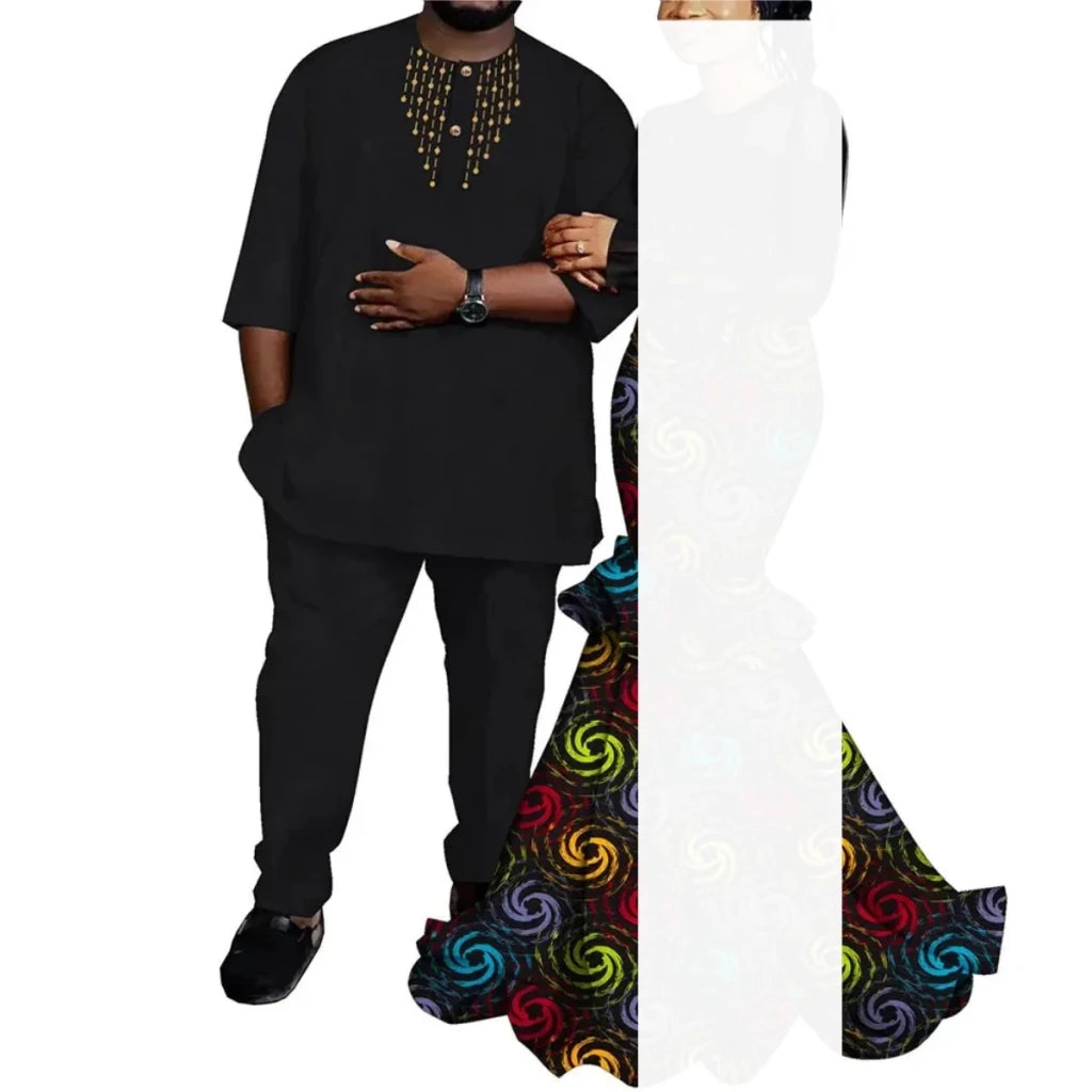African Couple Outfits – Matching Ankara Dress for Women & Dashiki Shirt and Pants Set for Men - Free Delivery Worldwide only at Flexi Africa