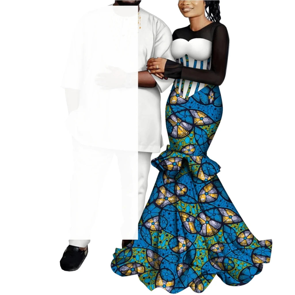African Couple Outfits – Matching Ankara Dress for Women & Dashiki Shirt and Pants Set for Men - Free Delivery Worldwide only at Flexi Africa