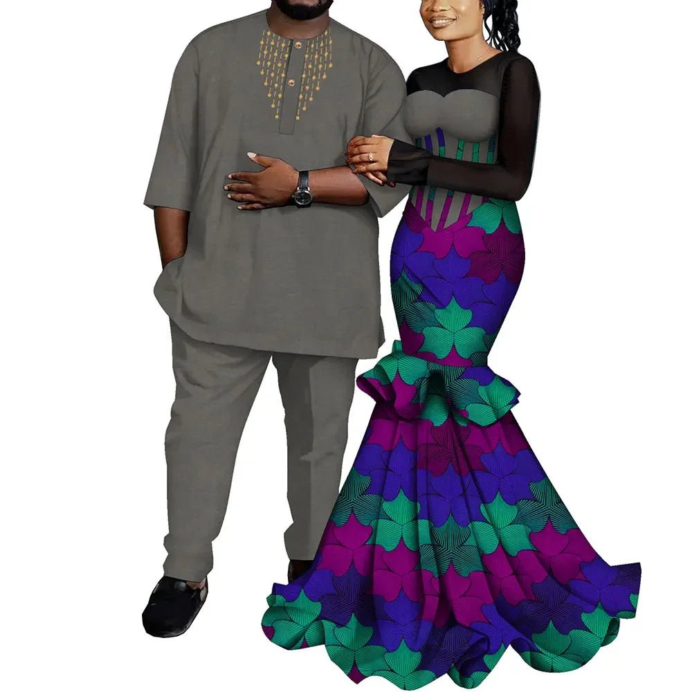 African Couple Outfits – Matching Ankara Dress for Women & Dashiki Shirt and Pants Set for Men - Free Delivery Worldwide only at Flexi Africa
