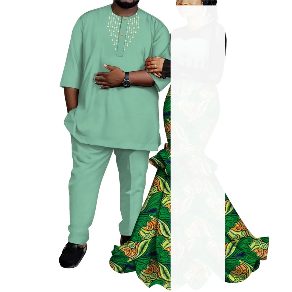 African Couple Outfits – Matching Ankara Dress for Women & Dashiki Shirt and Pants Set for Men - Free Delivery Worldwide only at Flexi Africa