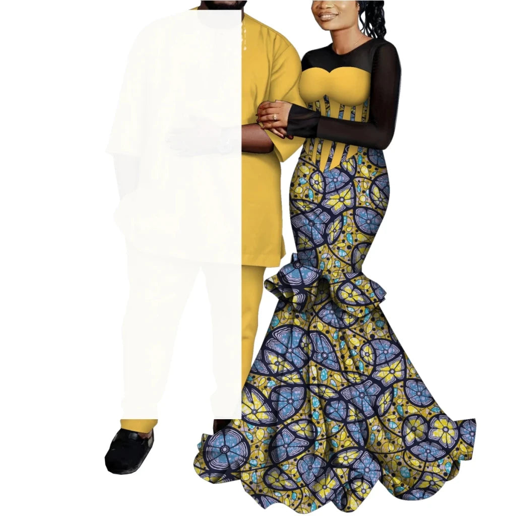 African Couple Outfits – Matching Ankara Dress for Women & Dashiki Shirt and Pants Set for Men - Free Delivery Worldwide only at Flexi Africa