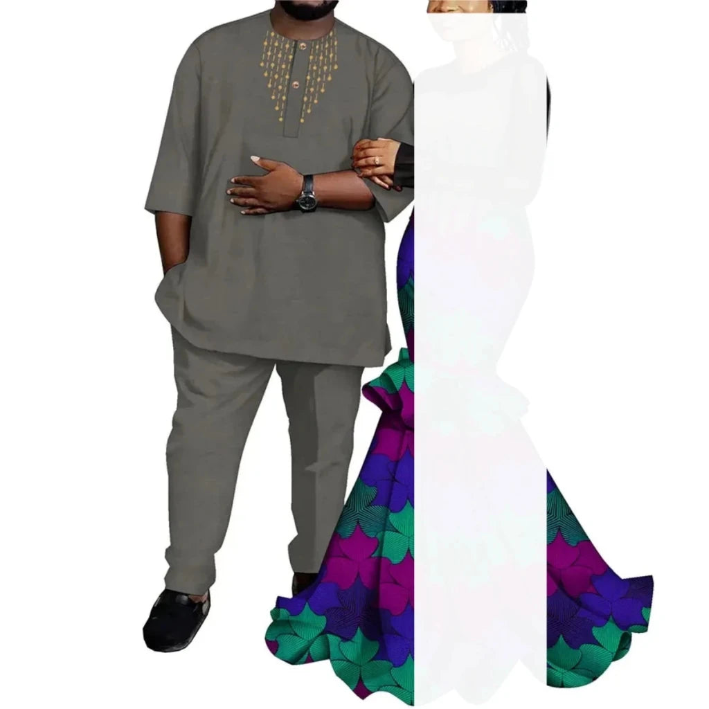 African Couple Outfits – Matching Ankara Dress for Women & Dashiki Shirt and Pants Set for Men - Free Delivery Worldwide only at Flexi Africa