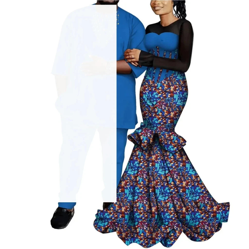 African Couple Outfits – Matching Ankara Dress for Women & Dashiki Shirt and Pants Set for Men - Free Delivery Worldwide only at Flexi Africa