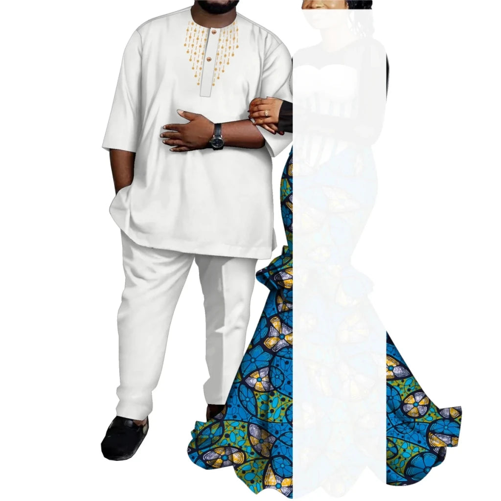 African Couple Outfits – Matching Ankara Dress for Women & Dashiki Shirt and Pants Set for Men - Free Delivery Worldwide only at Flexi Africa