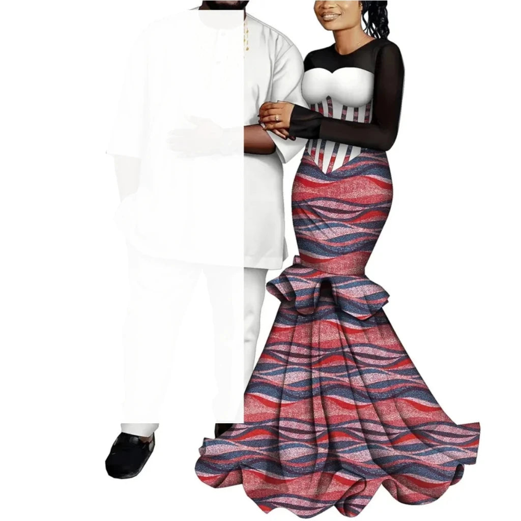 African Couple Outfits – Matching Ankara Dress for Women & Dashiki Shirt and Pants Set for Men - Free Delivery Worldwide only at Flexi Africa