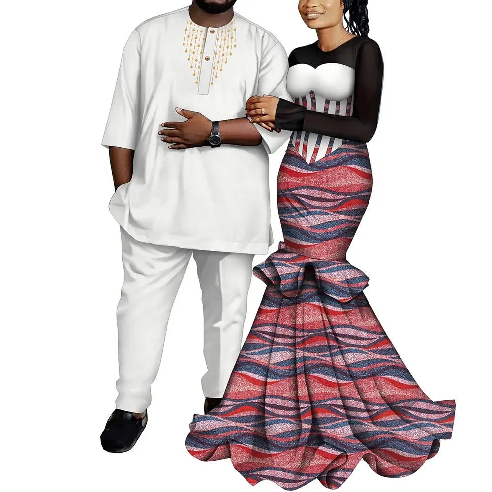 African Couple Outfits – Matching Ankara Dress for Women & Dashiki Shirt and Pants Set for Men - Free Delivery Worldwide only at Flexi Africa