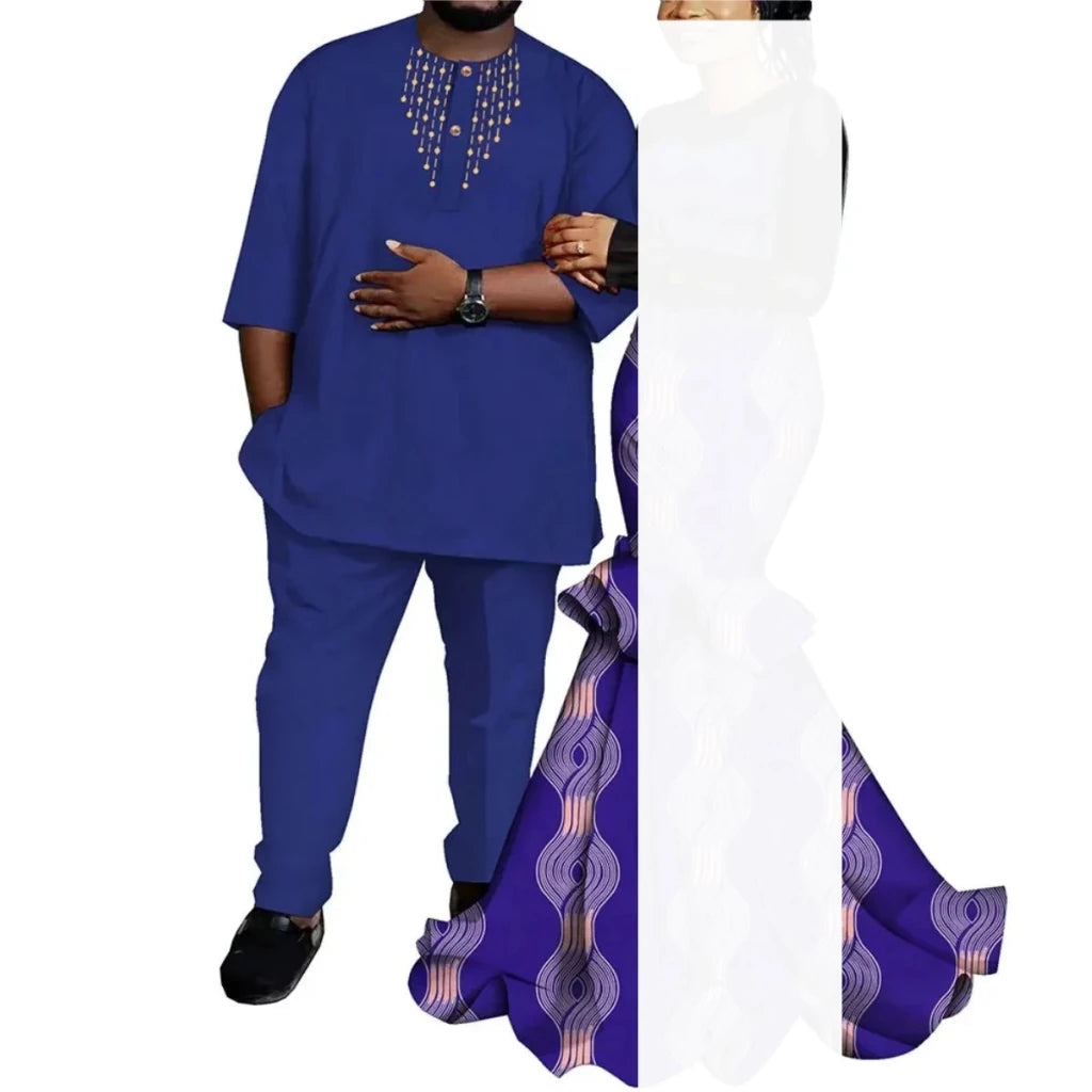 African Couple Outfits – Matching Ankara Dress for Women & Dashiki Shirt and Pants Set for Men - Free Delivery Worldwide only at Flexi Africa