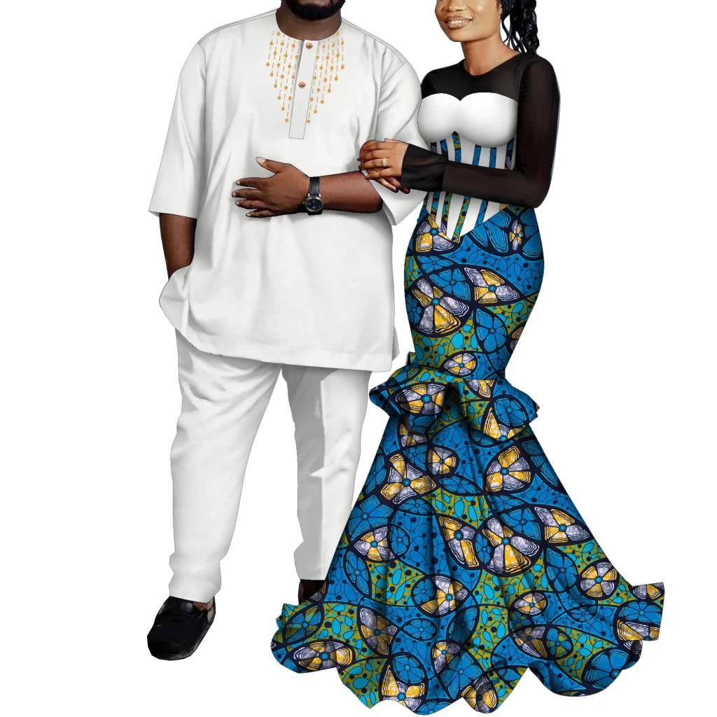 African Couple Outfits – Matching Ankara Dress for Women & Dashiki Shirt and Pants Set for Men - Free Delivery Worldwide only at Flexi Africa