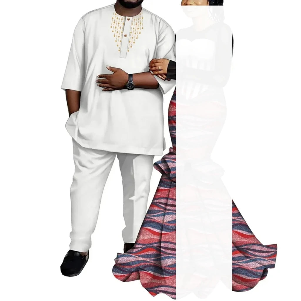 African Couple Outfits – Matching Ankara Dress for Women & Dashiki Shirt and Pants Set for Men - Free Delivery Worldwide only at Flexi Africa
