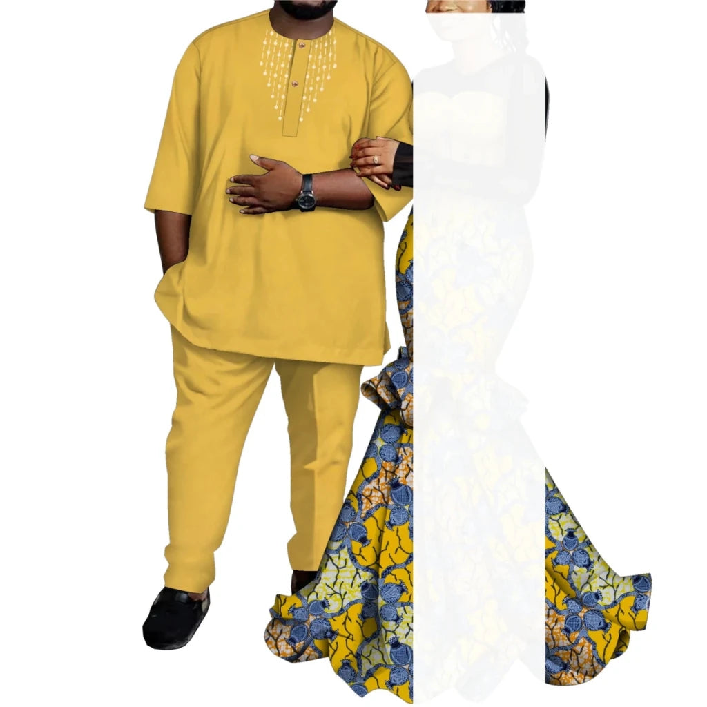 African Couple Outfits – Matching Ankara Dress for Women & Dashiki Shirt and Pants Set for Men - Free Delivery Worldwide only at Flexi Africa