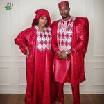 African Couple Red Matching Outfit – Men’s 3PC Agbada Suit & Women’s Boubou Dress - Free Delivery Worldwide only at Flexi Africa