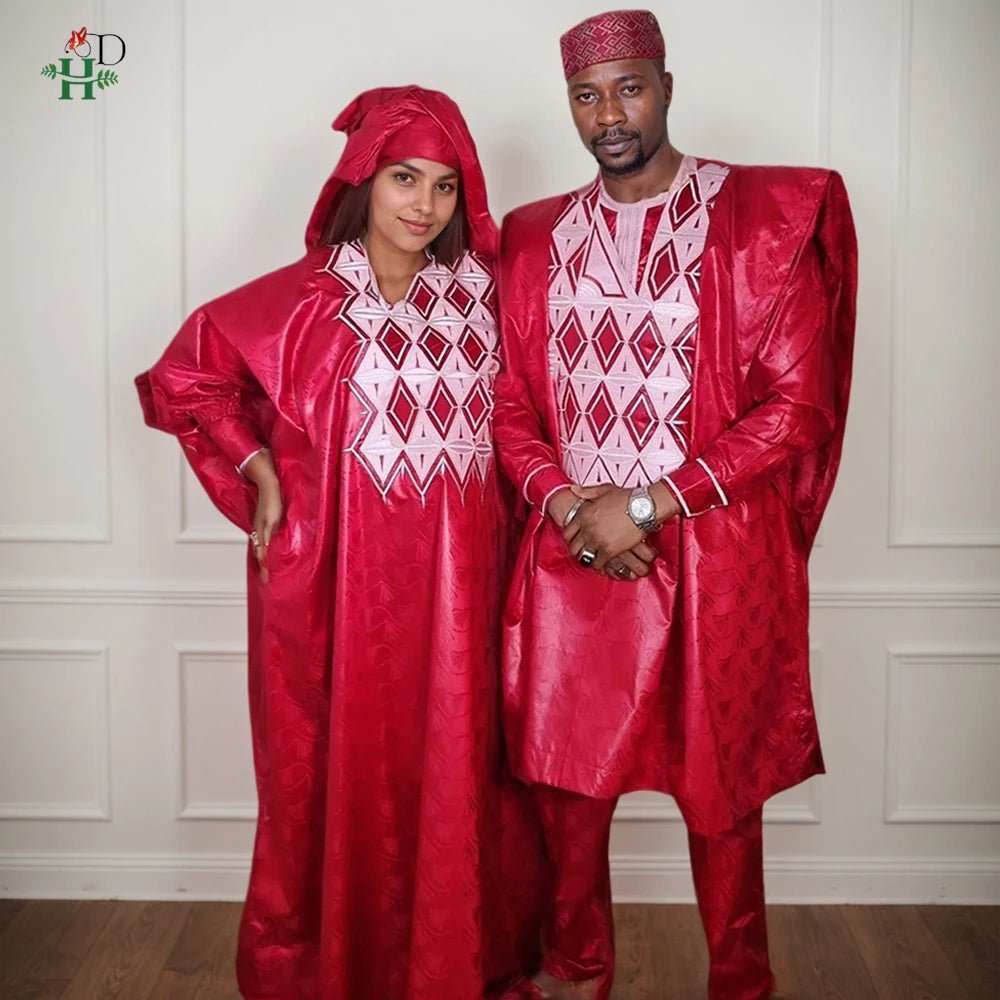 African Couple Red Matching Outfit – Men’s 3PC Agbada Suit & Women’s Dress - Free Delivery Worldwide only at Flexi Africa