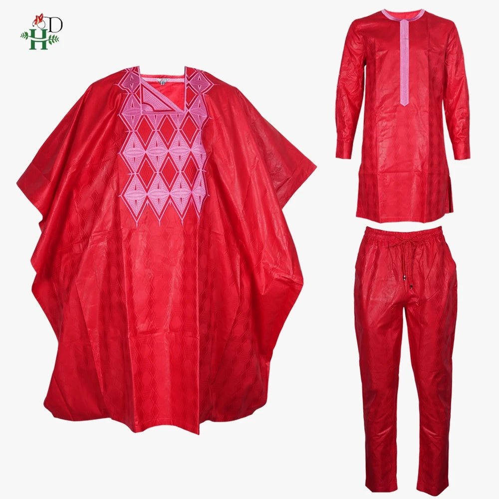 African Couple Red Matching Outfit – Men’s 3PC Agbada Suit & Women’s Boubou Dress - Free Delivery Worldwide only at Flexi Africa