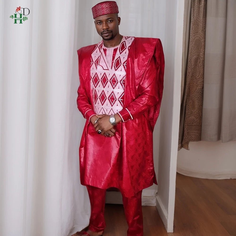 African Couple Red Matching Outfit – Men’s 3PC Agbada Suit & Women’s Boubou Dress - Free Delivery Worldwide only at Flexi Africa