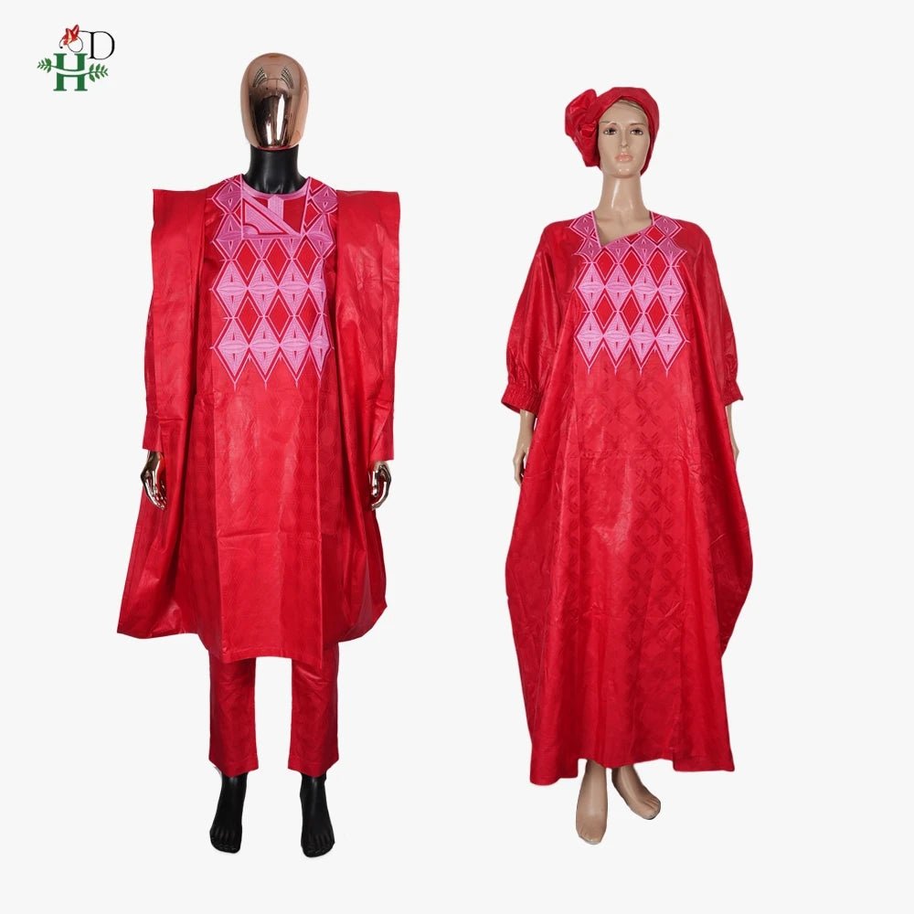 African Couple Red Matching Outfit – Men’s 3PC Agbada Suit & Women’s Boubou Dress - Free Delivery Worldwide only at Flexi Africa