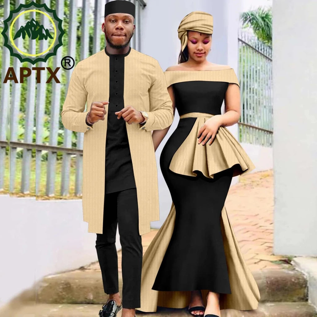 African Couple Set – Women’s Off-Shoulder Mermaid Dress & Men’s 3-Piece Suit - Free Delivery Worldwide only at Flexi Africa