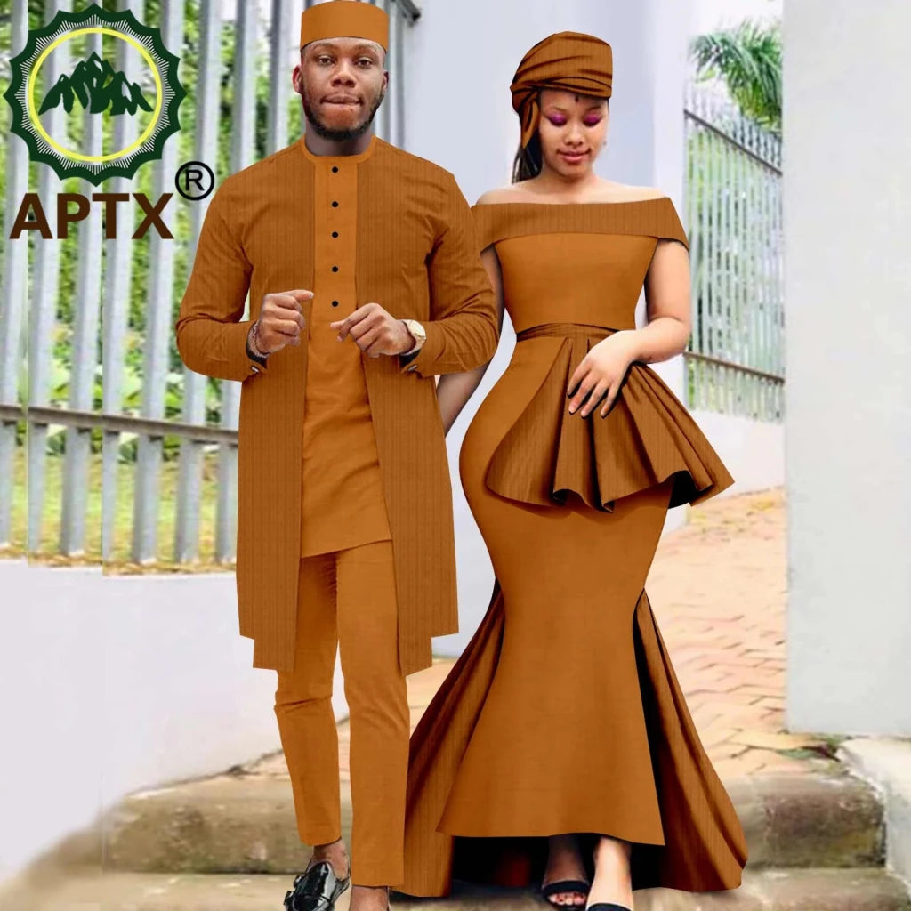 African Couple Set – Women’s Off-Shoulder Mermaid Dress & Men’s 3-Piece Suit - Free Delivery Worldwide only at Flexi Africa