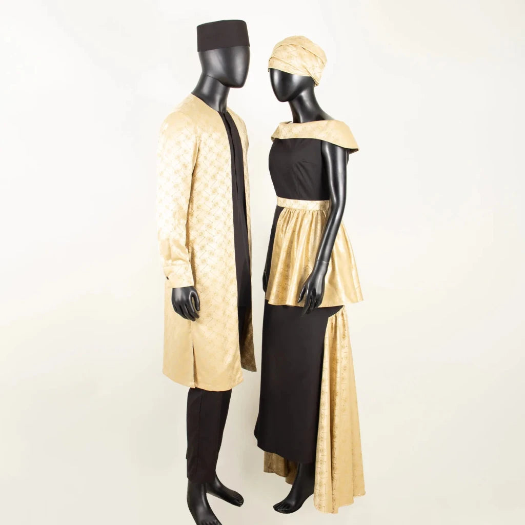 African Couple Set – Women’s Off-Shoulder Mermaid Dress & Men’s 3-Piece Suit - Free Delivery Worldwide only at Flexi Africa