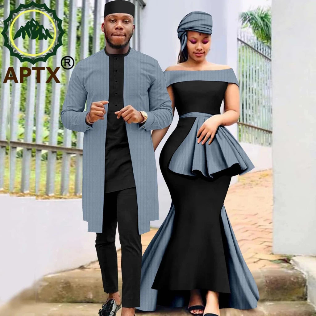 African Couple Set – Women’s Off-Shoulder Mermaid Dress & Men’s 3-Piece Suit - Free Delivery Worldwide only at Flexi Africa