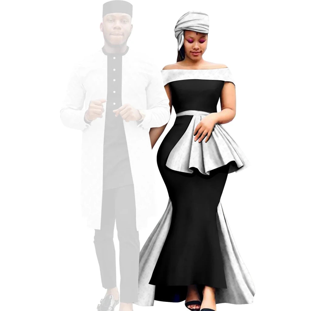 African Couple Set – Women’s Off-Shoulder Mermaid Dress & Men’s 3-Piece Suit - Free Delivery Worldwide only at Flexi Africa