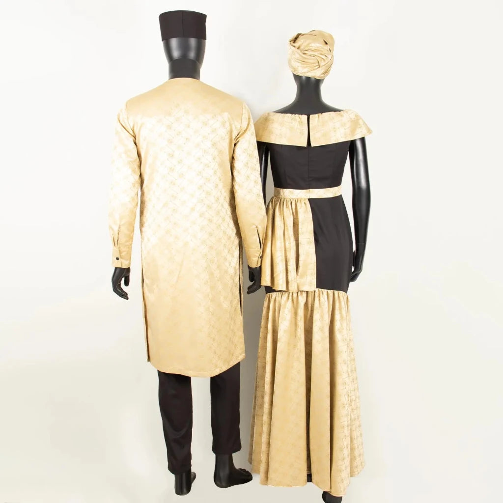 African Couple Set – Women’s Off-Shoulder Mermaid Dress & Men’s 3-Piece Suit - Free Delivery Worldwide only at Flexi Africa