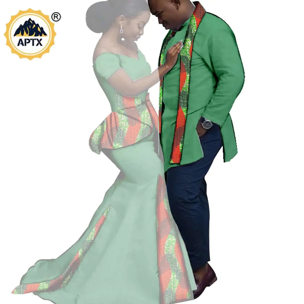 African Couples Matching Outfits – Bazin Riche Mermaid Dress - Free Delivery Worldwide only at Flexi Africa