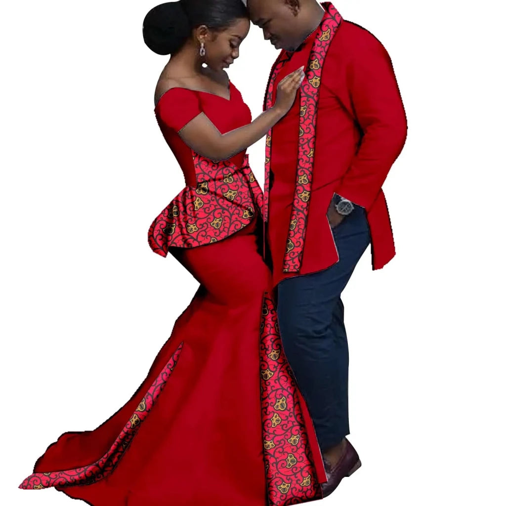 African Couples Matching Outfits – Bazin Riche Mermaid Dress - Free Delivery Worldwide only at Flexi Africa