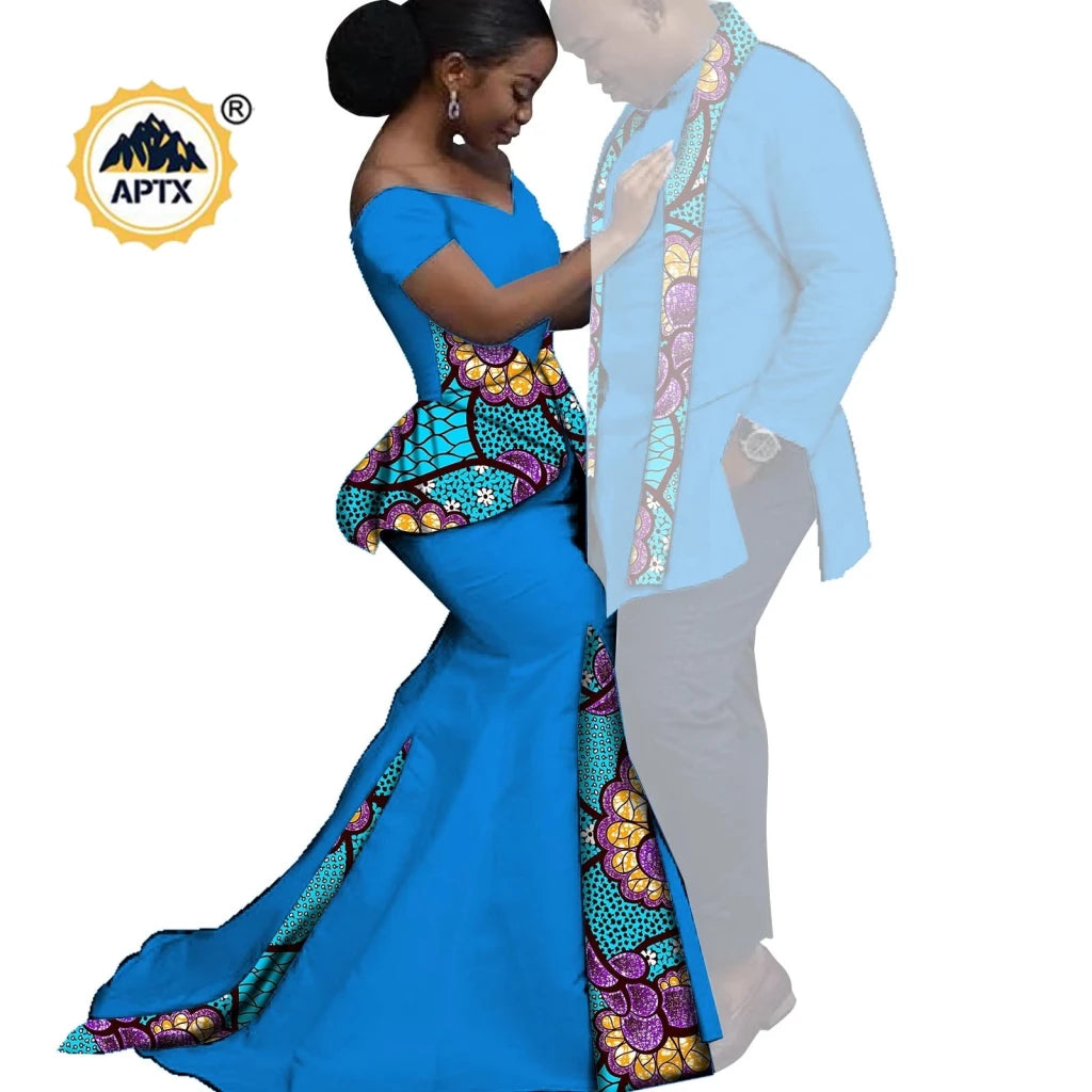African Couples Matching Outfits – Bazin Riche Mermaid Dress - Free Delivery Worldwide only at Flexi Africa