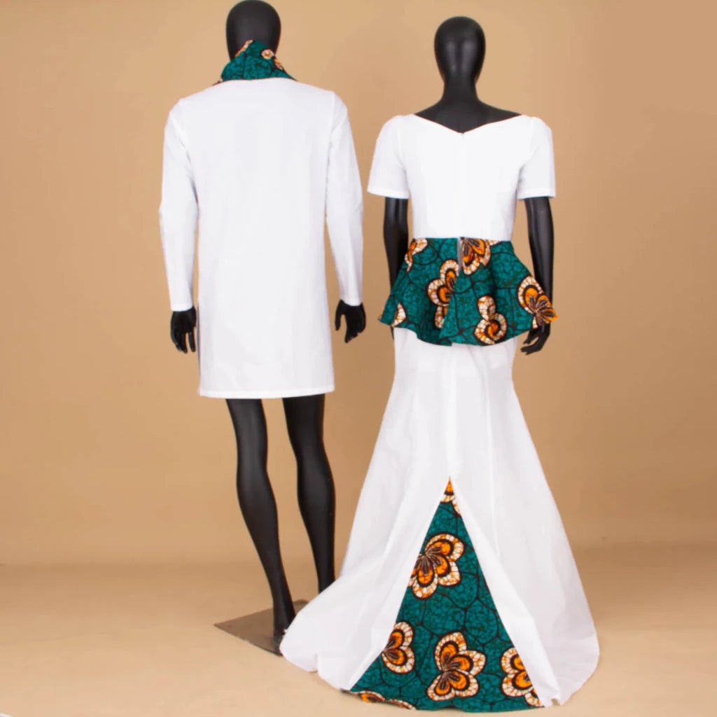 African Couples Matching Outfits – Bazin Riche Mermaid Dress - Free Delivery Worldwide only at Flexi Africa