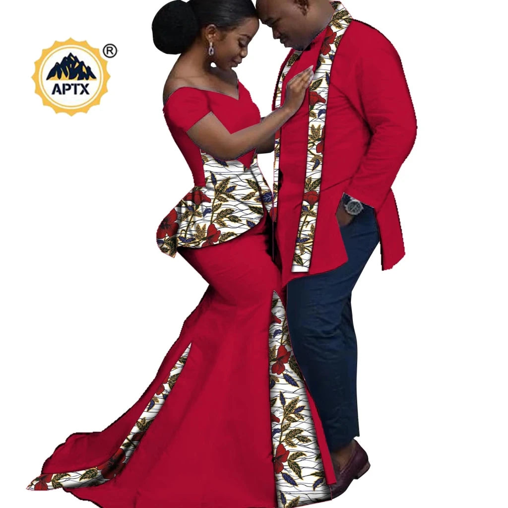 African Couples Matching Outfits – Bazin Riche Mermaid Dress - Free Delivery Worldwide only at Flexi Africa