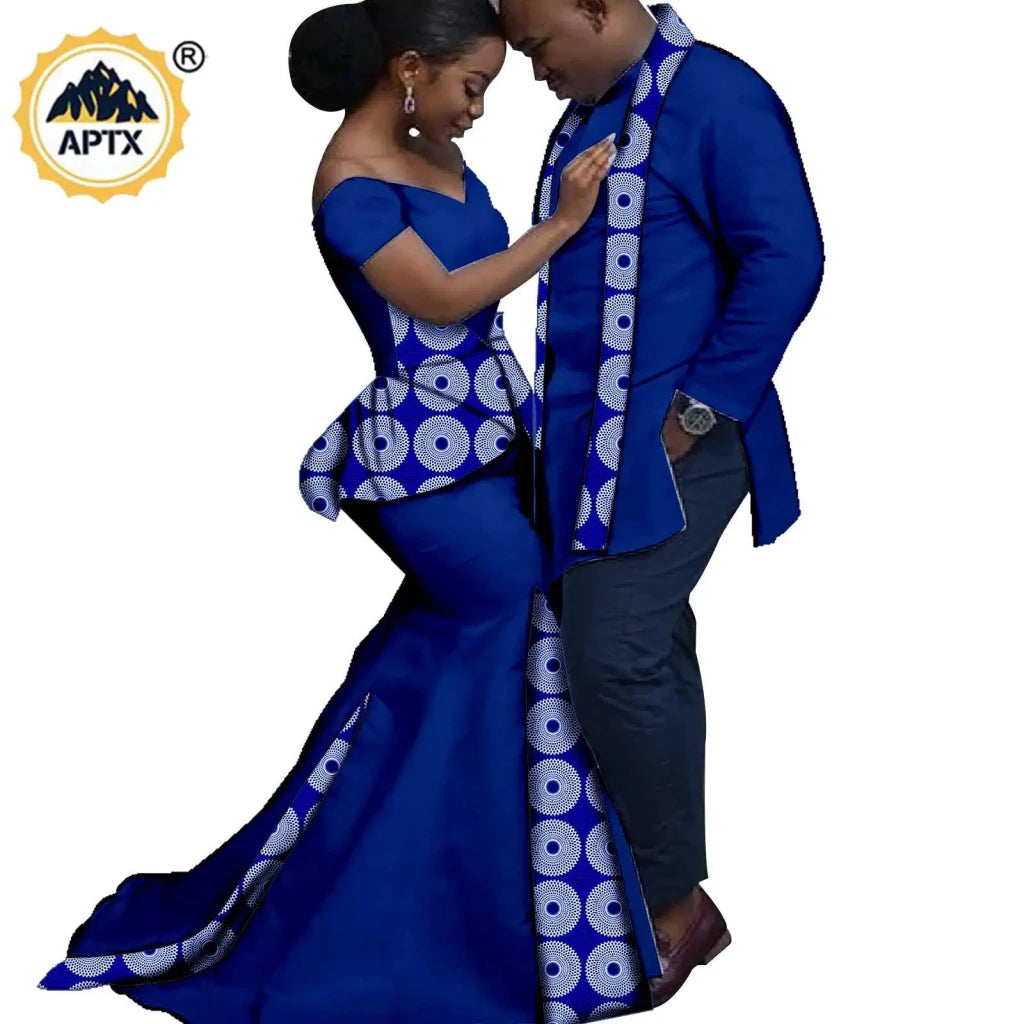 African Couples Matching Outfits – Bazin Riche Mermaid Dress - Free Delivery Worldwide only at Flexi Africa