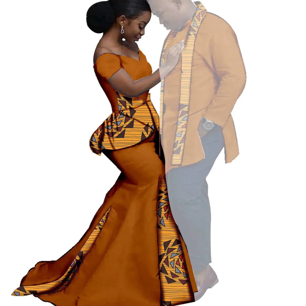African Couples Matching Outfits – Bazin Riche Mermaid Dress - Free Delivery Worldwide only at Flexi Africa