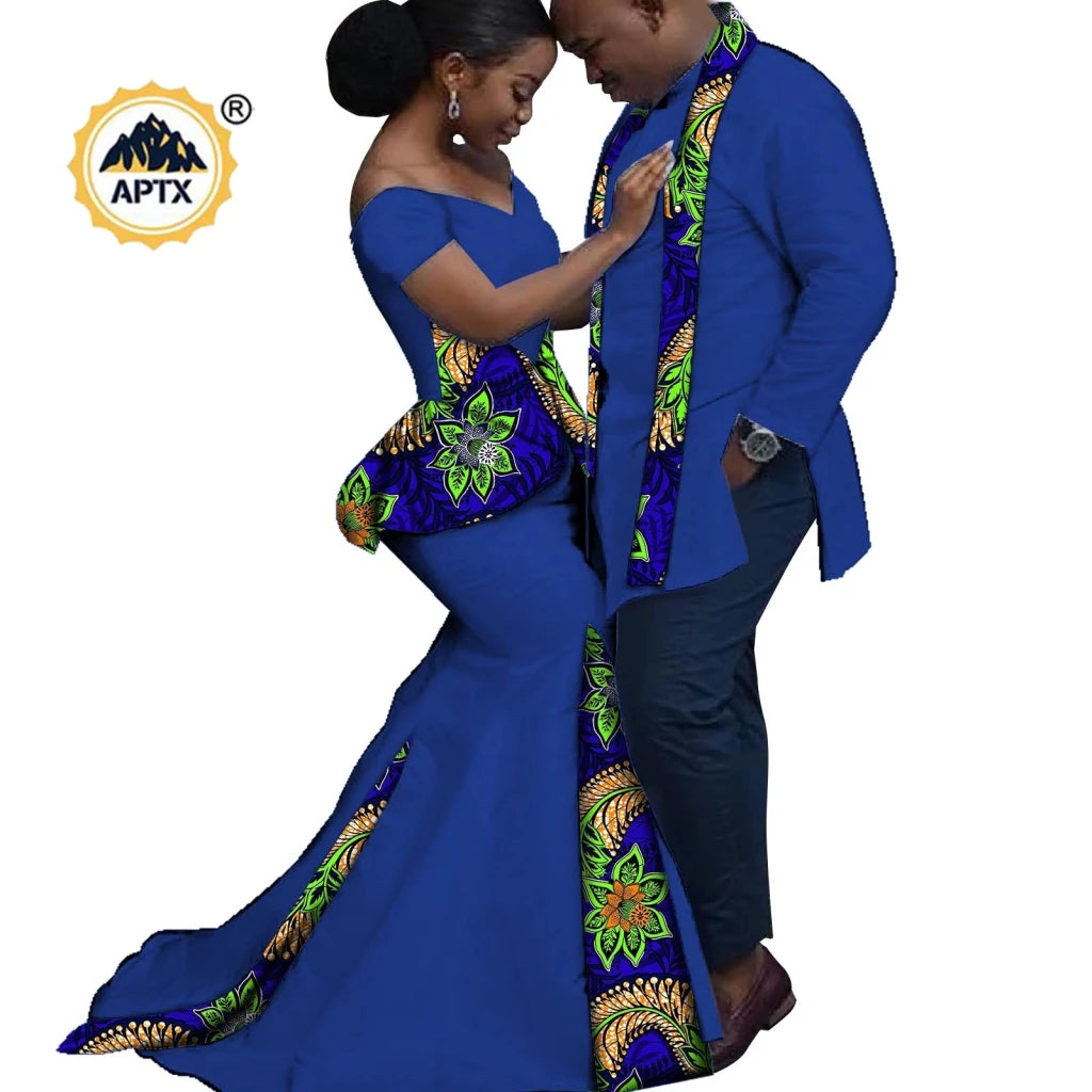 African Couples Matching Outfits – Bazin Riche Mermaid Dress - Free Delivery Worldwide only at Flexi Africa