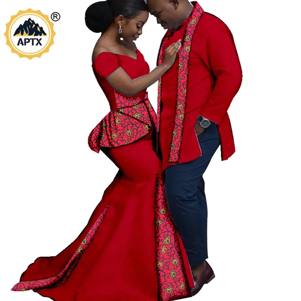 African Couples Matching Outfits – Bazin Riche Mermaid Dress - Free Delivery Worldwide only at Flexi Africa
