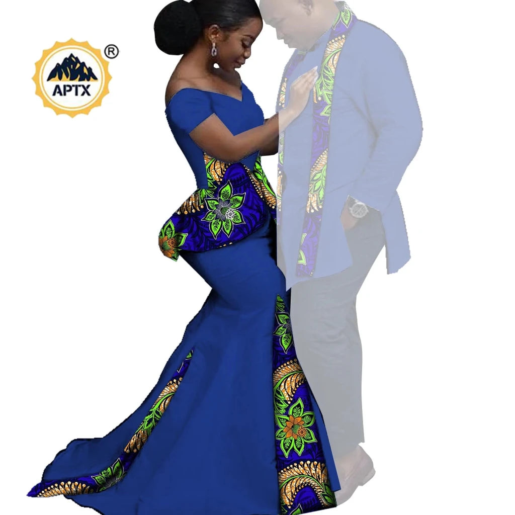 African Couples Matching Outfits – Bazin Riche Mermaid Dress - Free Delivery Worldwide only at Flexi Africa