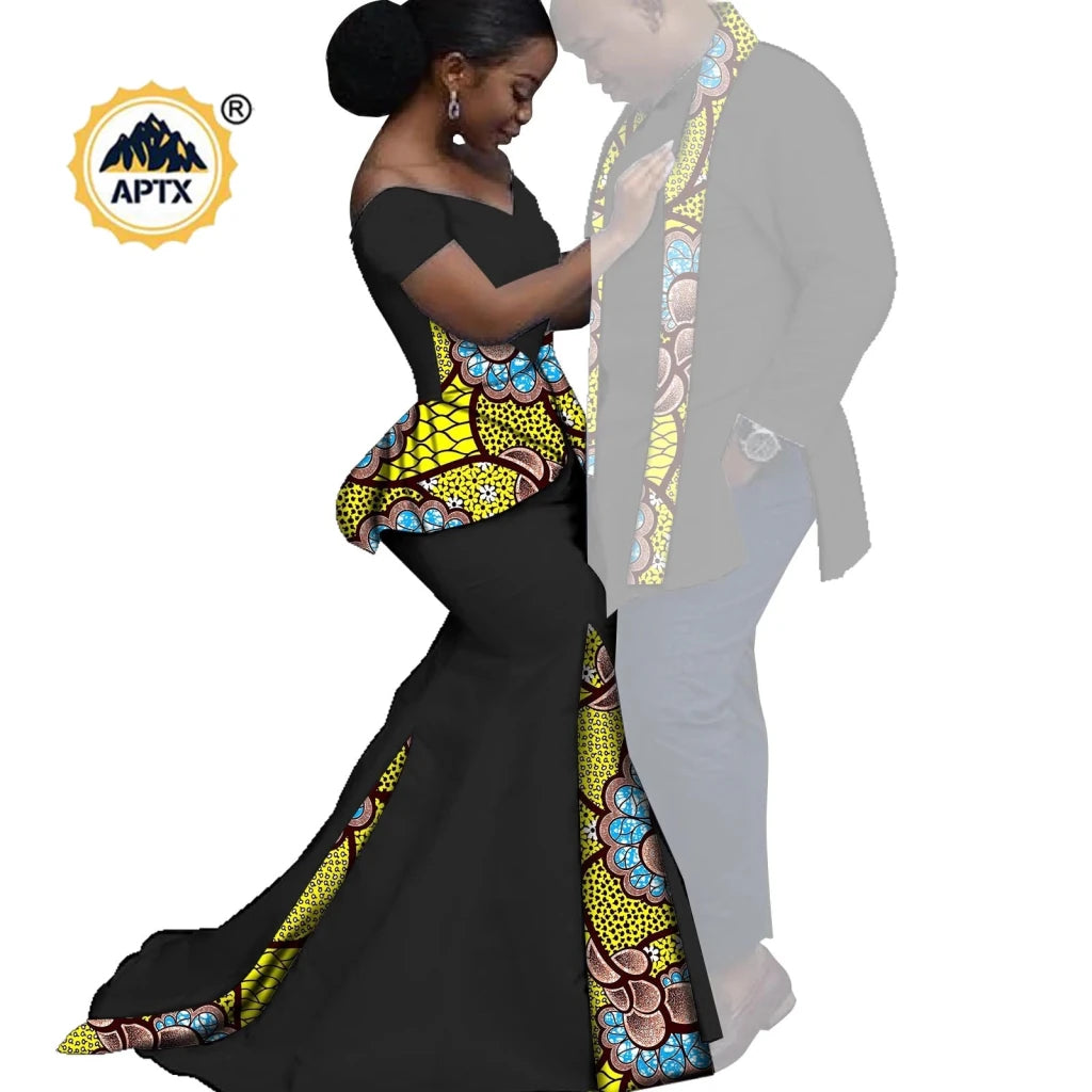 African Couples Matching Outfits – Bazin Riche Mermaid Dress - Free Delivery Worldwide only at Flexi Africa