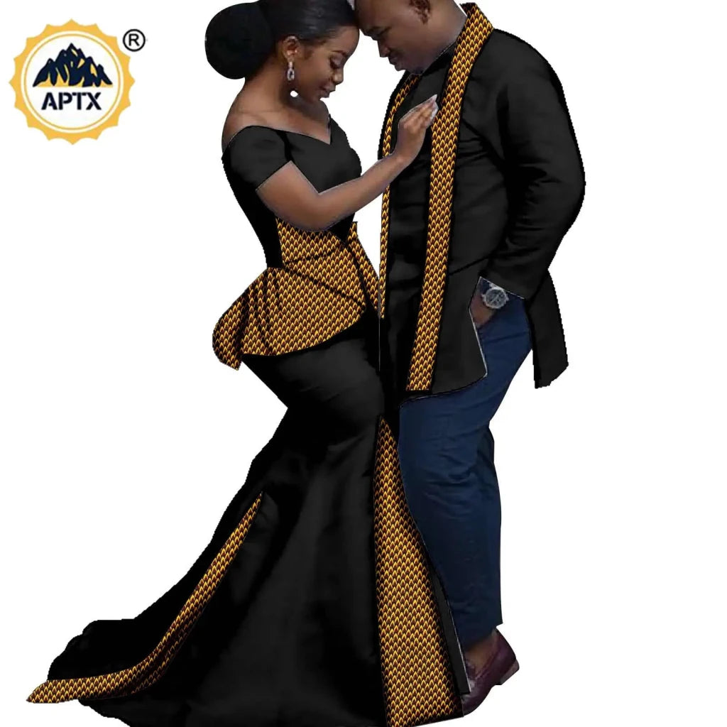 African Couples Matching Outfits – Bazin Riche Mermaid Dress - Free Delivery Worldwide only at Flexi Africa