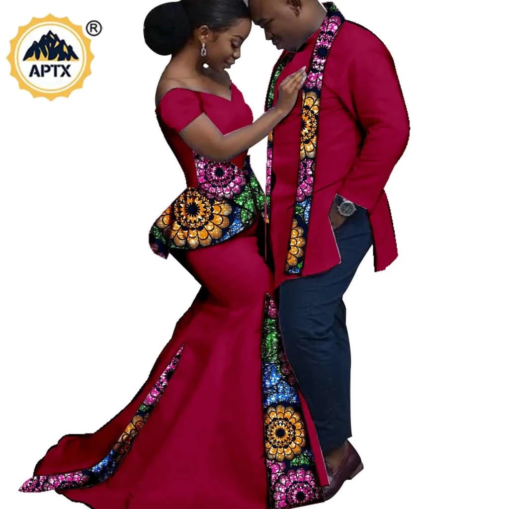 African Couples Matching Outfits – Bazin Riche Mermaid Dress - Free Delivery Worldwide only at Flexi Africa
