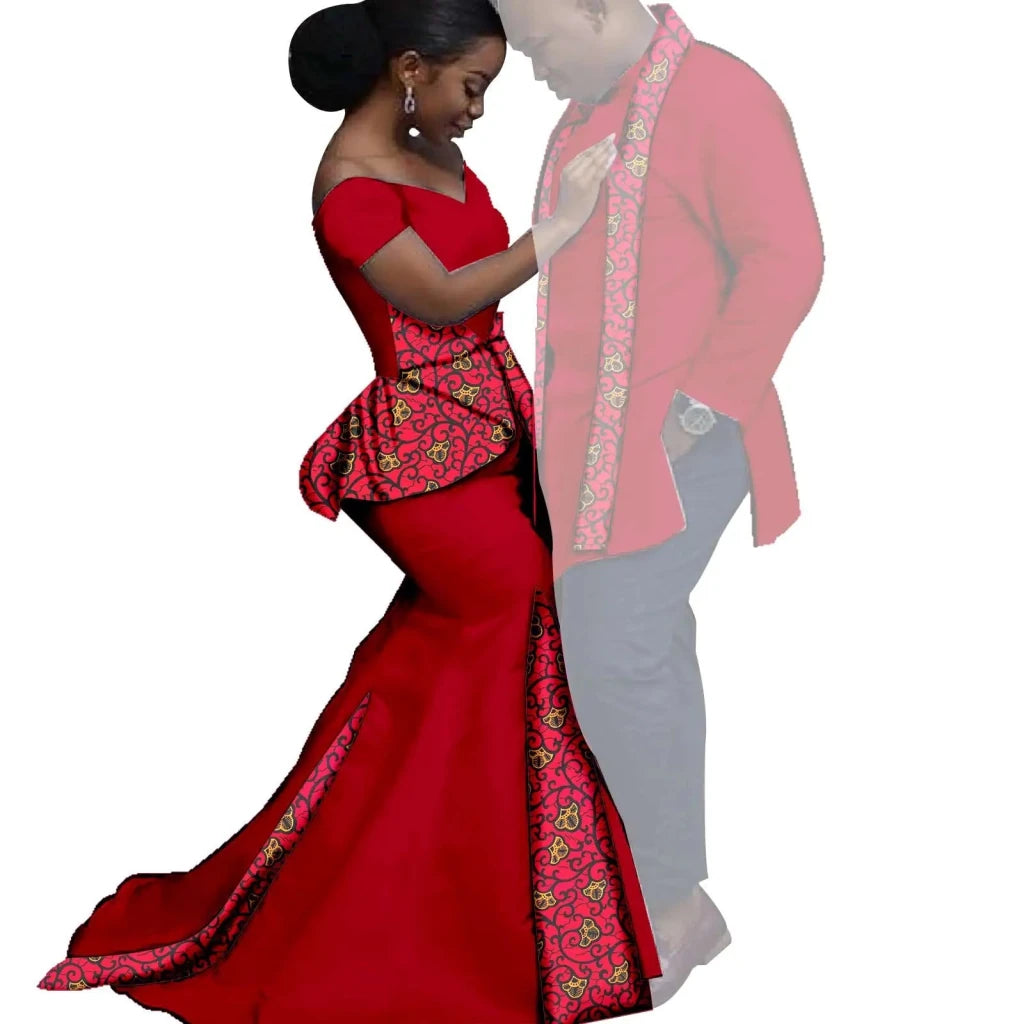 African Couples Matching Outfits – Bazin Riche Mermaid Dress - Free Delivery Worldwide only at Flexi Africa