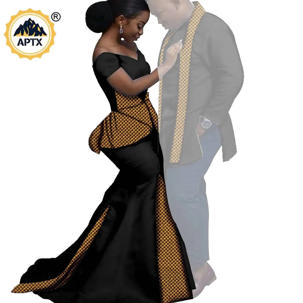 African Couples Matching Outfits – Bazin Riche Mermaid Dress - Free Delivery Worldwide only at Flexi Africa