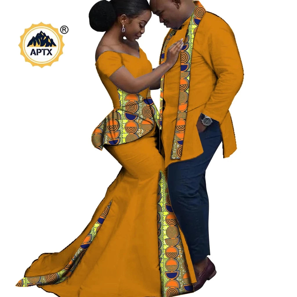 African Couples Matching Outfits – Bazin Riche Mermaid Dress - Free Delivery Worldwide only at Flexi Africa