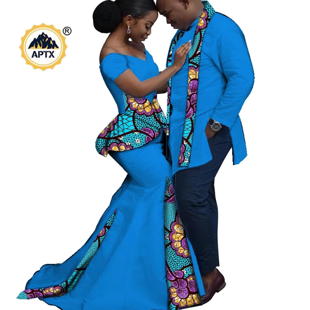 African Couples Matching Outfits – Bazin Riche Mermaid Dress - Free Delivery Worldwide only at Flexi Africa
